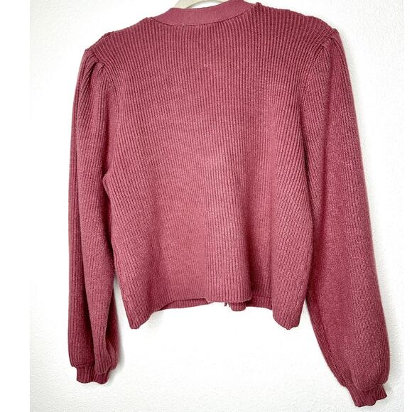 ZARA Mauve Balloon Sleeve V-Neck Cropped Button Chunky Knit Cardigan Sweater M - Picture 6 of 11